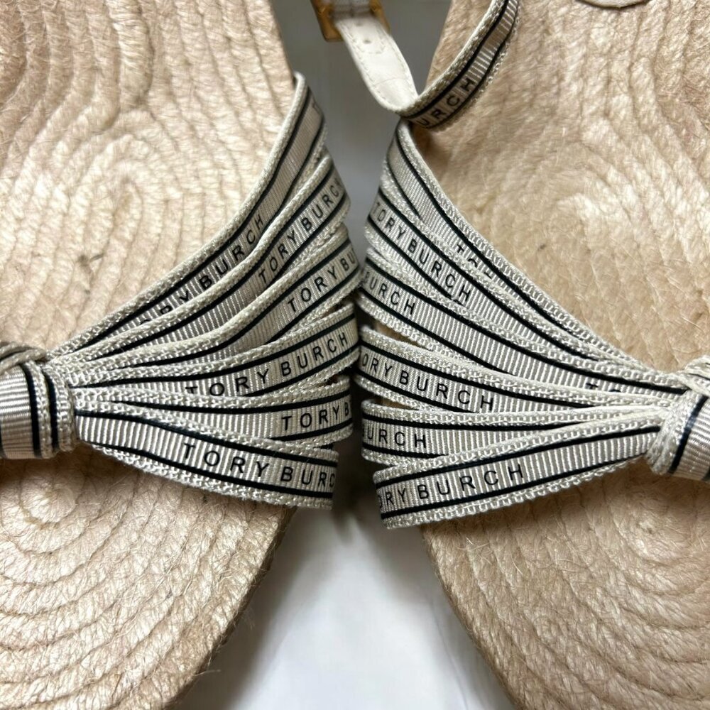 Tory Burch White Beige Logo Ribbon Wedge Espadrille Platform Sandals Heels Sz 9 - Picture 8 of 8